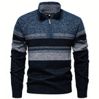 Men's Knitted Quarter-Zip Jumper – Striped Long Sleeve High Neck Pullover Sweater