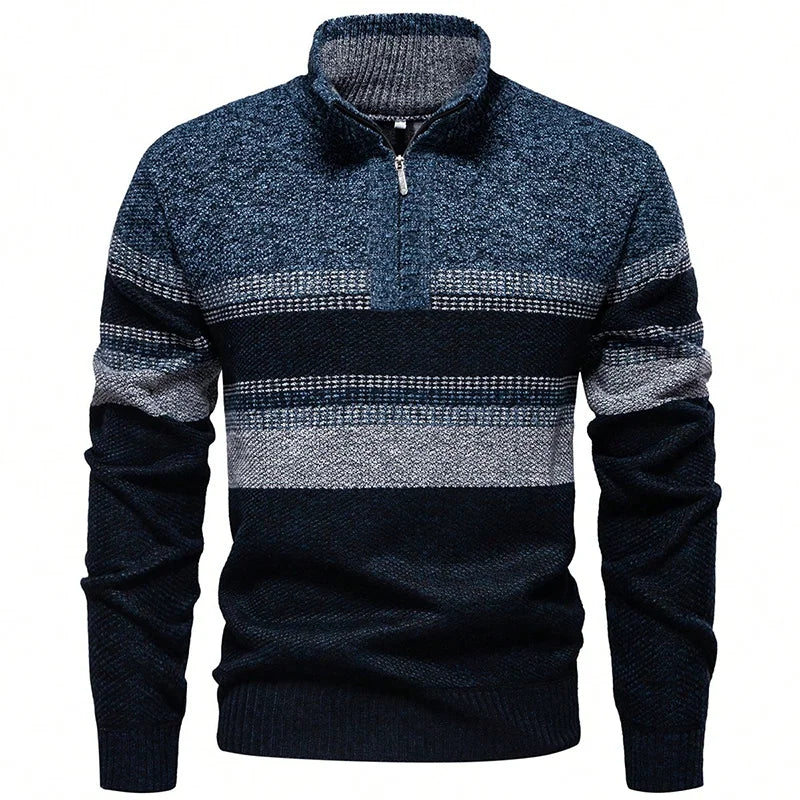 Men's Knitted Quarter-Zip Jumper – Striped Long Sleeve High Neck Pullover Sweater