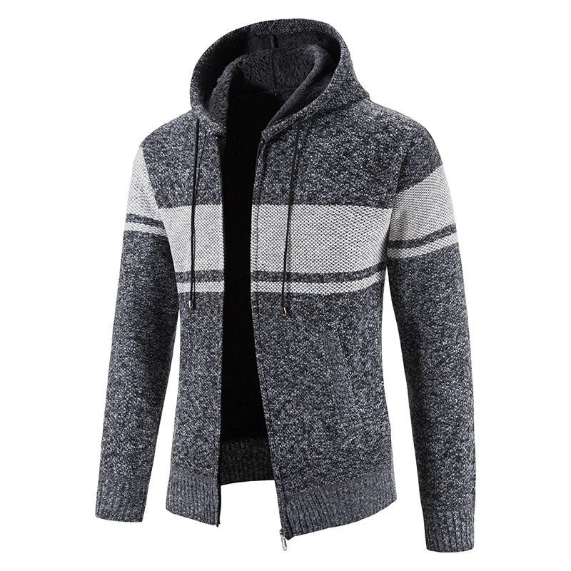 Men's Knitted Hooded Jacket – Full Zip Long Sleeve Striped Jumper