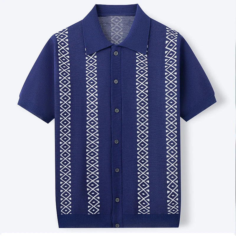 Button Front Patterned Polo Knit Top