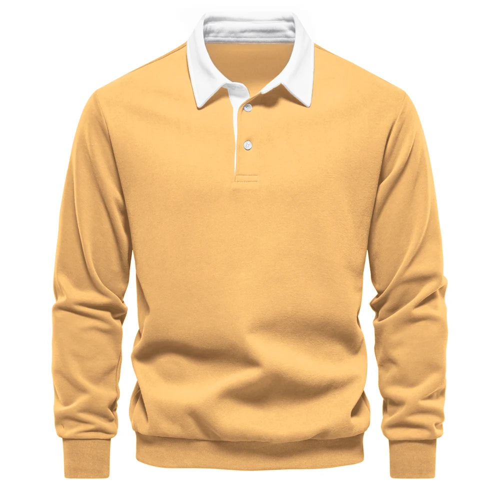 Men's Classic Collared Long Sleeve Polo Shirt with Ribbed Cuffs