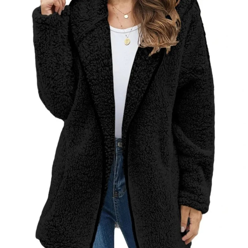 Women's Longline Teddy Fleece Coat – Open Front Jacket with Lapel Collar and Pockets