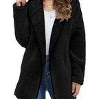 Women's Longline Teddy Fleece Coat – Open Front Jacket with Lapel Collar and Pockets