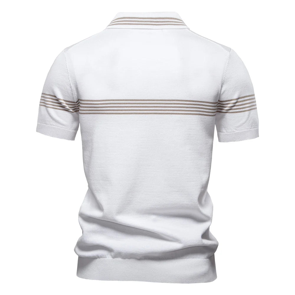 Men's Stripe Trim Polo Shirt with Short Sleeves and Zip Neck