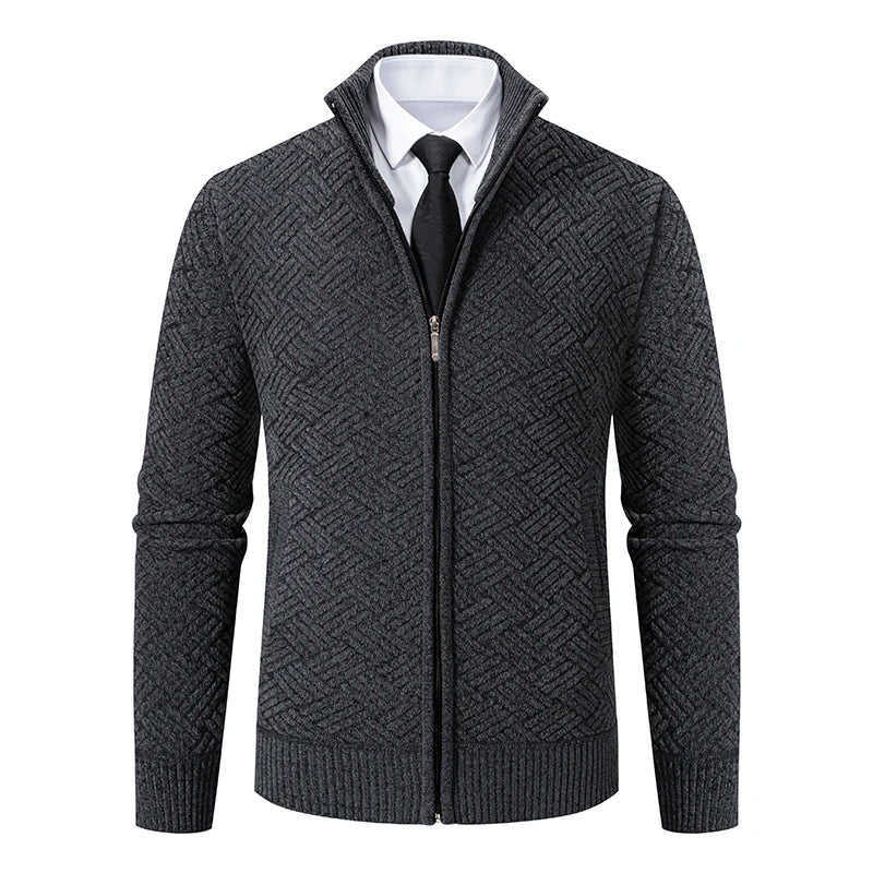 Men's Knitted Zip Cardigan – Long Sleeve Stand Collar Sweater with Geometric Pattern