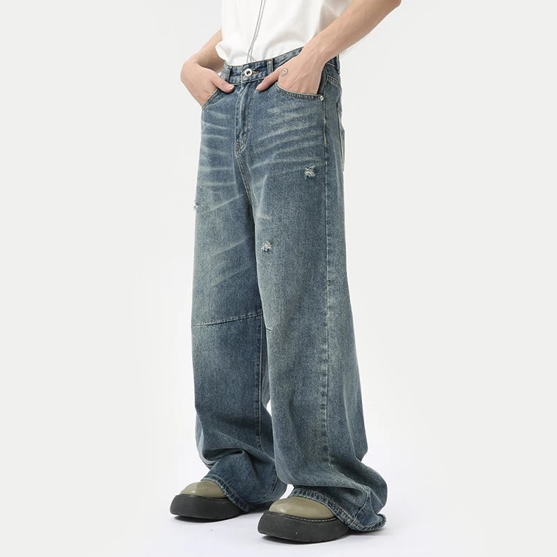 Men's Relaxed Wide Leg Denim Jeans With Button Zip Closure