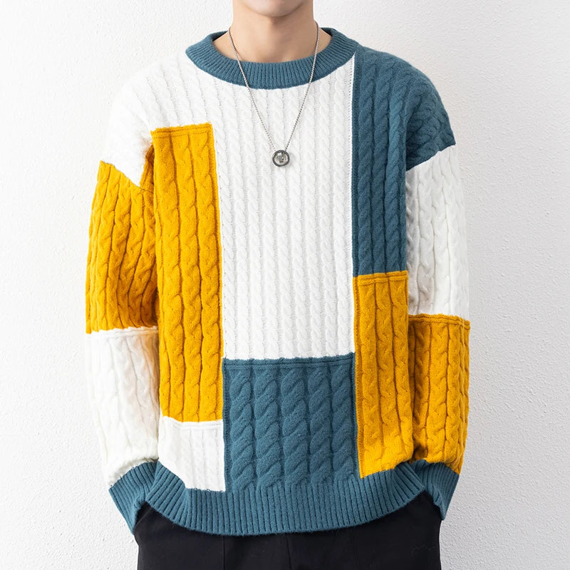 Men's Patchwork Knit Jumper with Cable Knit Panels