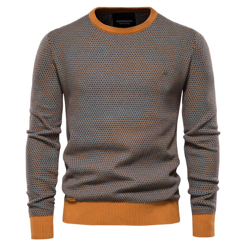 Men's Knitted Crew Neck Jumper – Textured Long Sleeve Sweater with Ribbed Cuffs