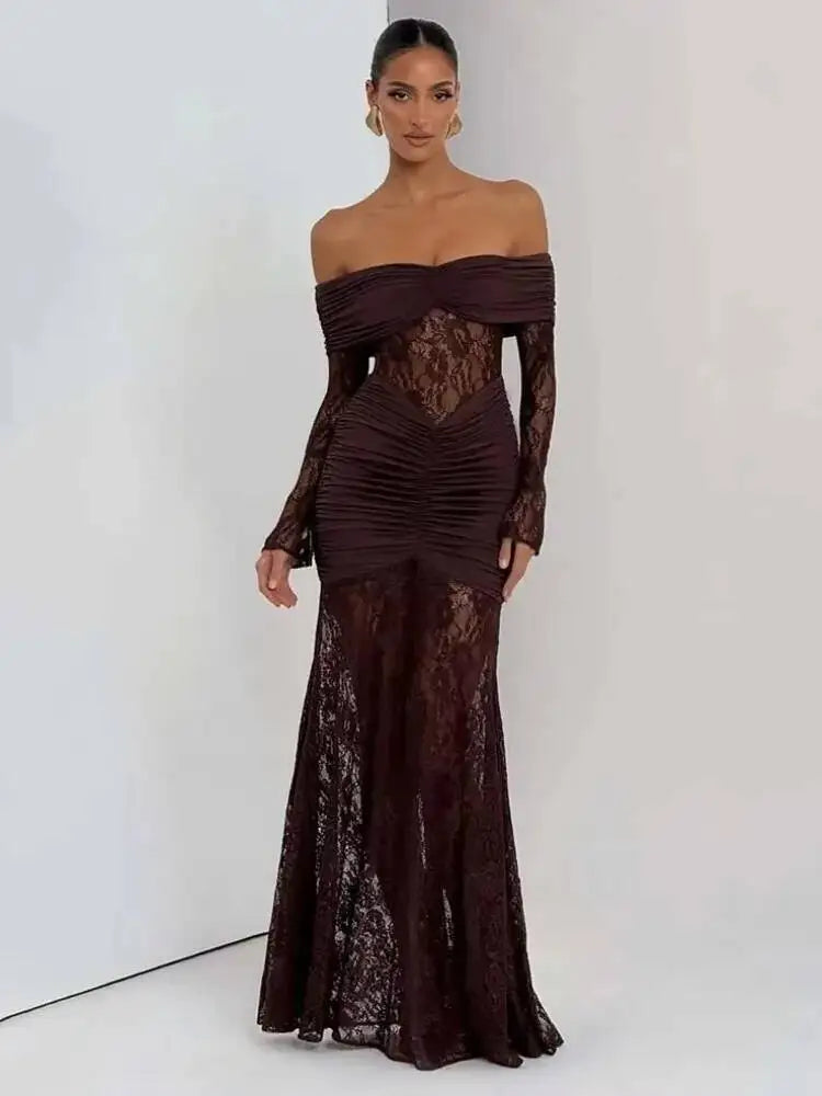 Off Shoulder Bodycon Maxi Dress With Sheer Skirt