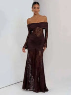 Off Shoulder Bodycon Maxi Dress With Sheer Skirt