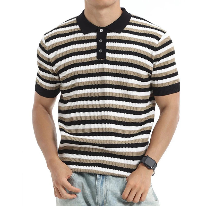 Button Placket Striped T Shirt Men