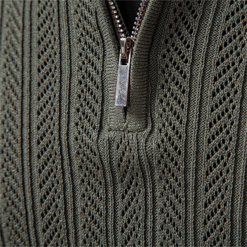 Men's Quarter Zip Polo Sweater with Long Sleeves and Ribbed Collar