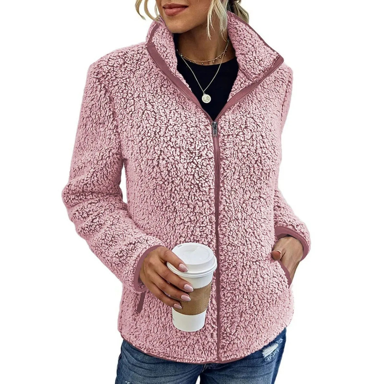 Women's Teddy Jacket – Full Zip High Collar Coat with Front Pockets
