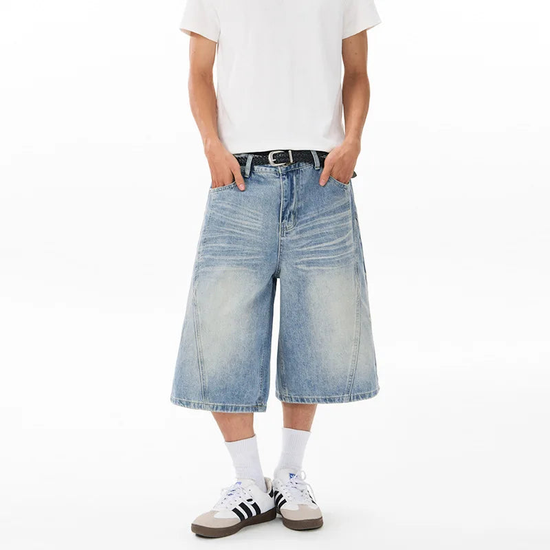 Men's Wide Leg Denim Bermuda Shorts With Classic Pockets