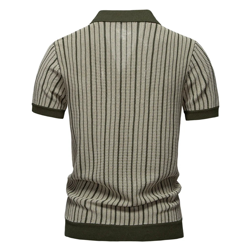 Men's Collared Striped Polo Shirt with Ribbed Cuffs and Hem