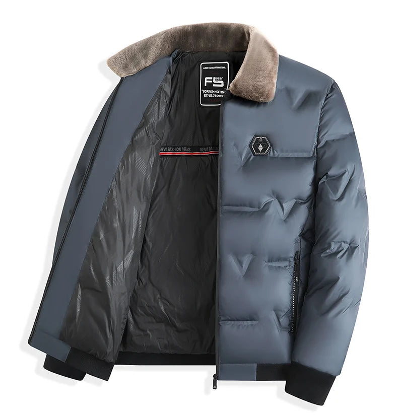Men's Puffer Jacket – Quilted Winter Coat with Zip Front, Long Sleeves and Fur Collar