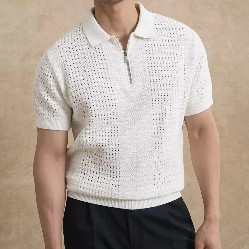 Mens Textured Knit Half Zip Polo