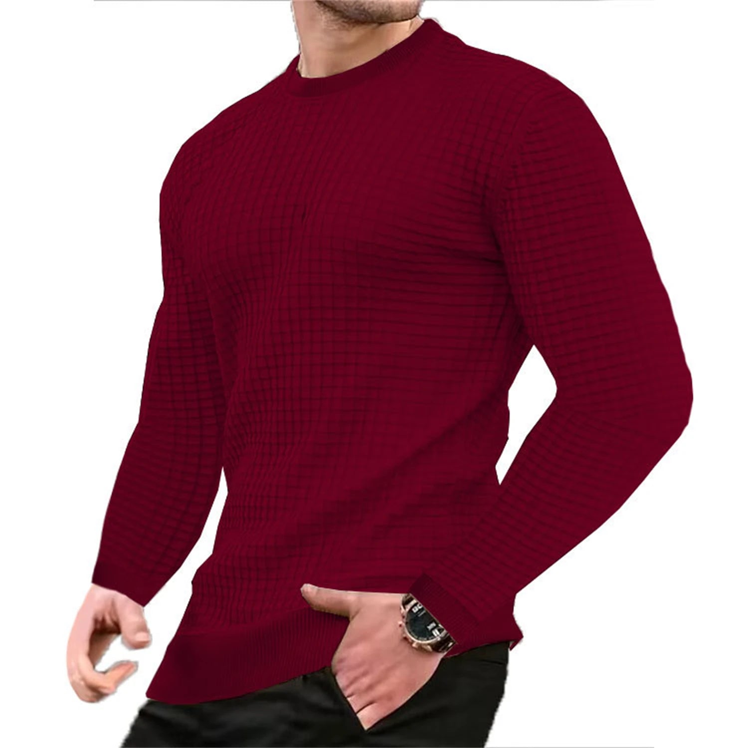 Men's Grid Pattern Crew Neck Knit Jumper