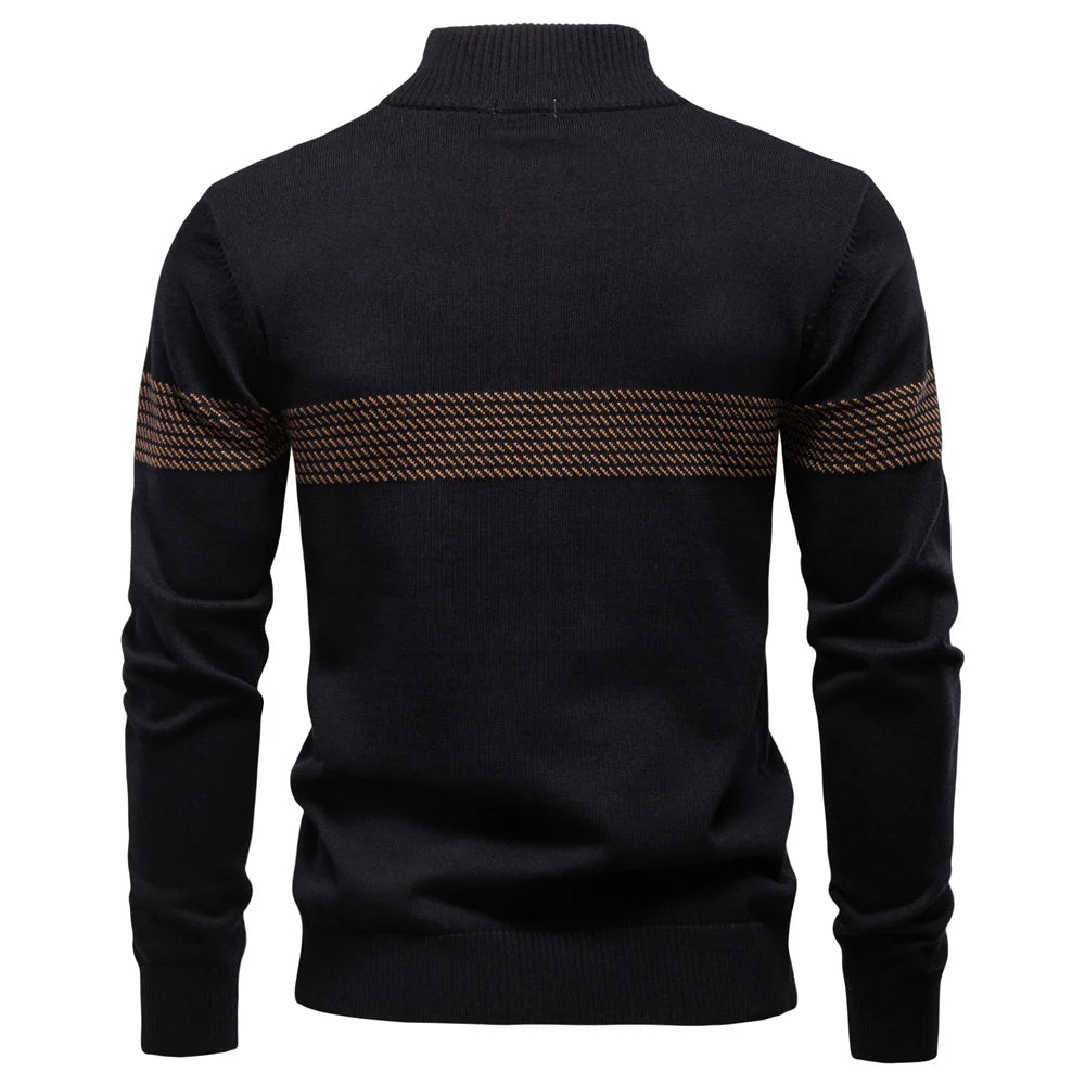 Men's Knitted Quarter Zip Jumper – Long Sleeve High Neck Striped Sweater