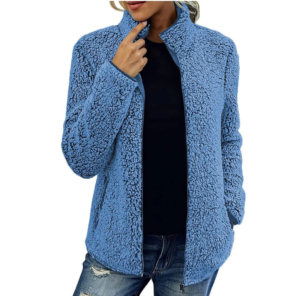 Women's Teddy Jacket – Full Zip High Collar Coat with Front Pockets