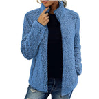 Women's Teddy Jacket – Full Zip High Collar Coat with Front Pockets