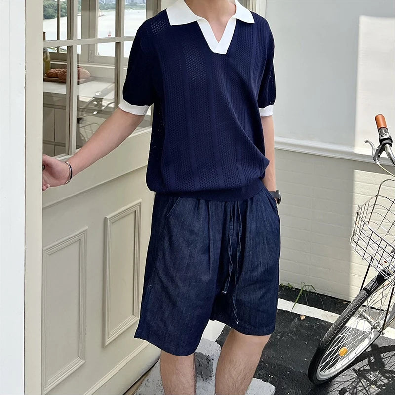 Men's Contrast V Neck Polo Shirt