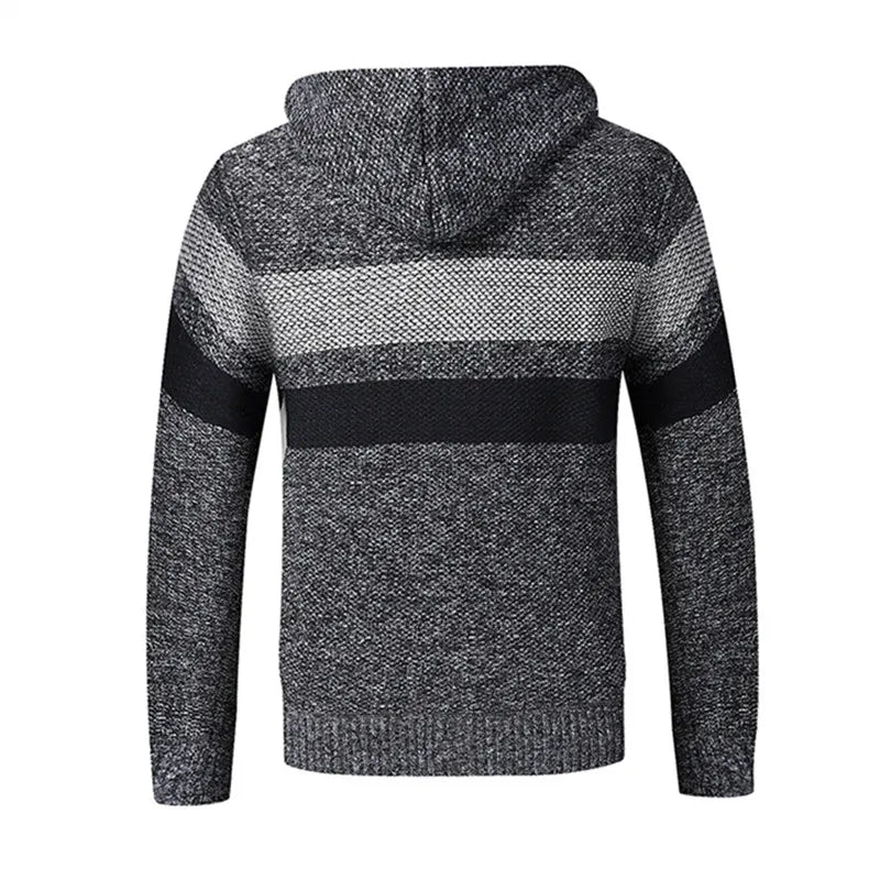 Men's Knitted Zip Up Hoodie – Long Sleeve Hooded Jumper with Stripe Detail