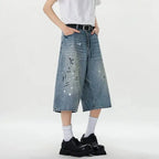 Men's Wide Leg Cropped Straight Denim Jeans With Distressed Detail