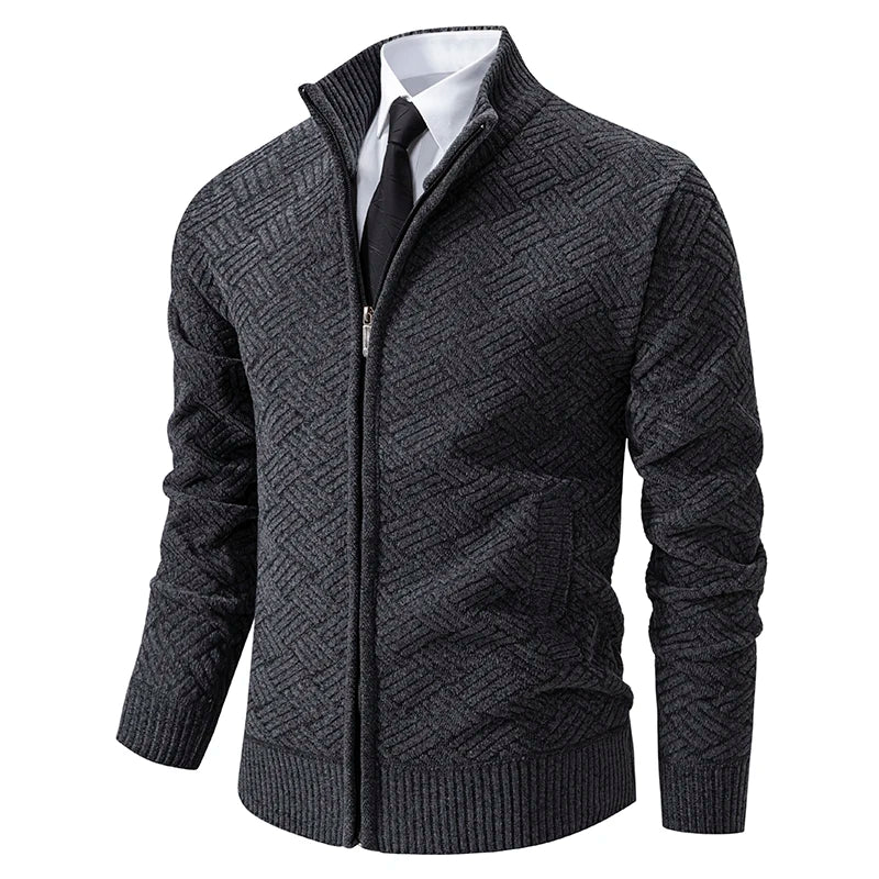 Men's Knitted Zip Cardigan – Long Sleeve Stand Collar Sweater with Geometric Pattern