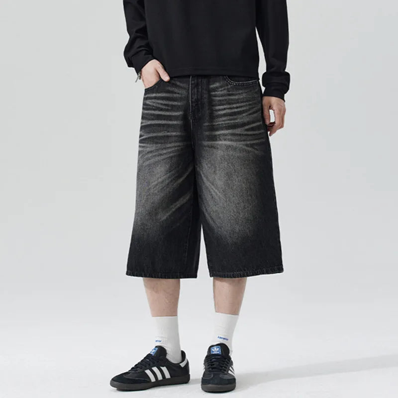 Men's Relaxed Wide Leg Denim Jorts with Button Closure