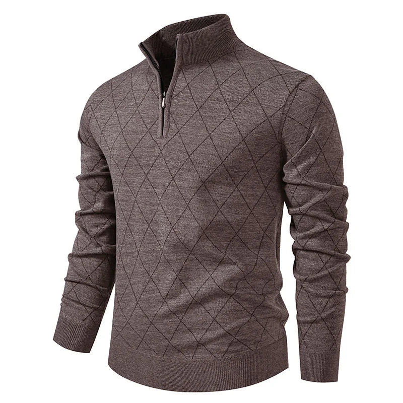 Men's Diamond Knit Sweater Quarter Zip Stand Collar