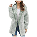 Women's Longline Teddy Fleece Coat – Open Front Jacket with Lapel Collar and Pockets
