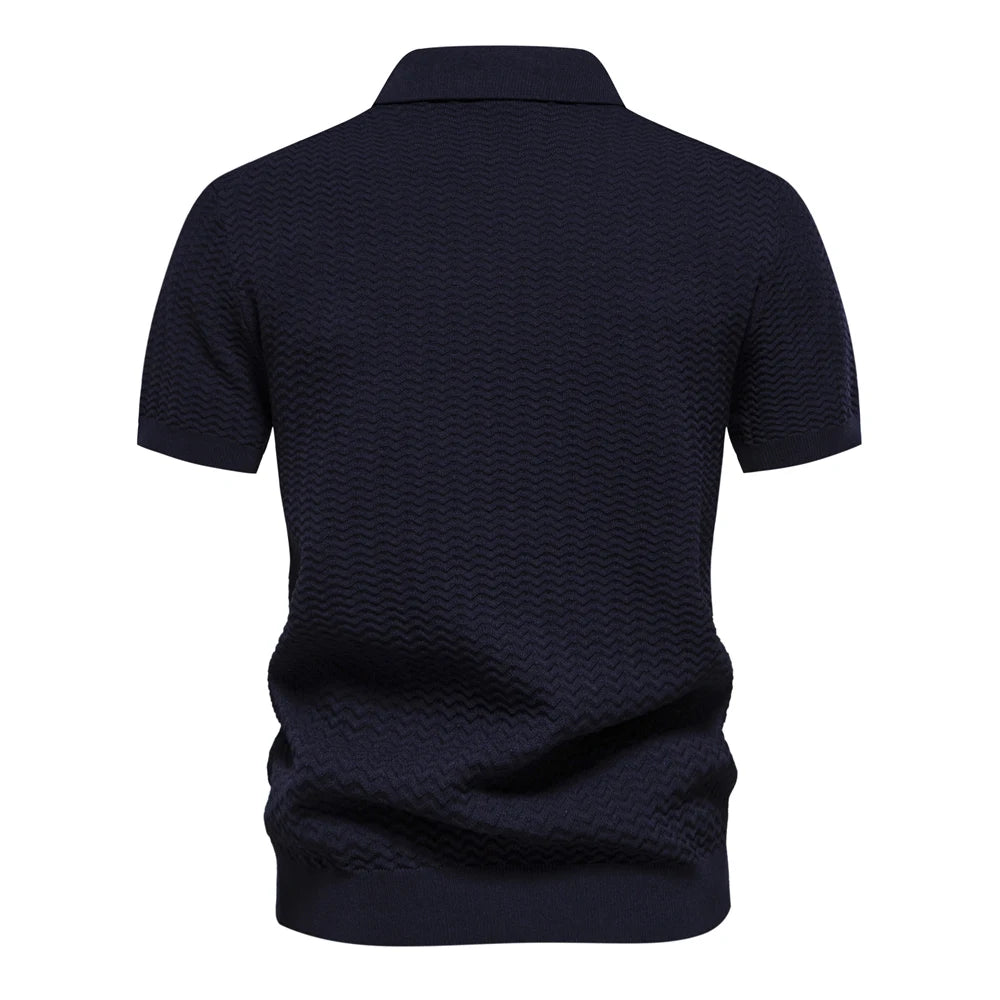 Men's Chest Stripe Polo Shirt with Short Sleeves and Zip Neck