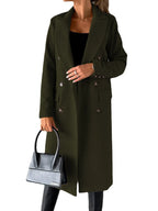 Women's Longline Double Breasted Coat – Long Sleeve Lapel Collar Button Front
