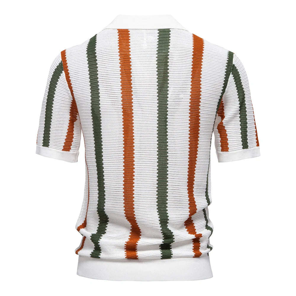 Men's Vertical Stripe Polo Shirt with Short Sleeves and Ribbed Hem