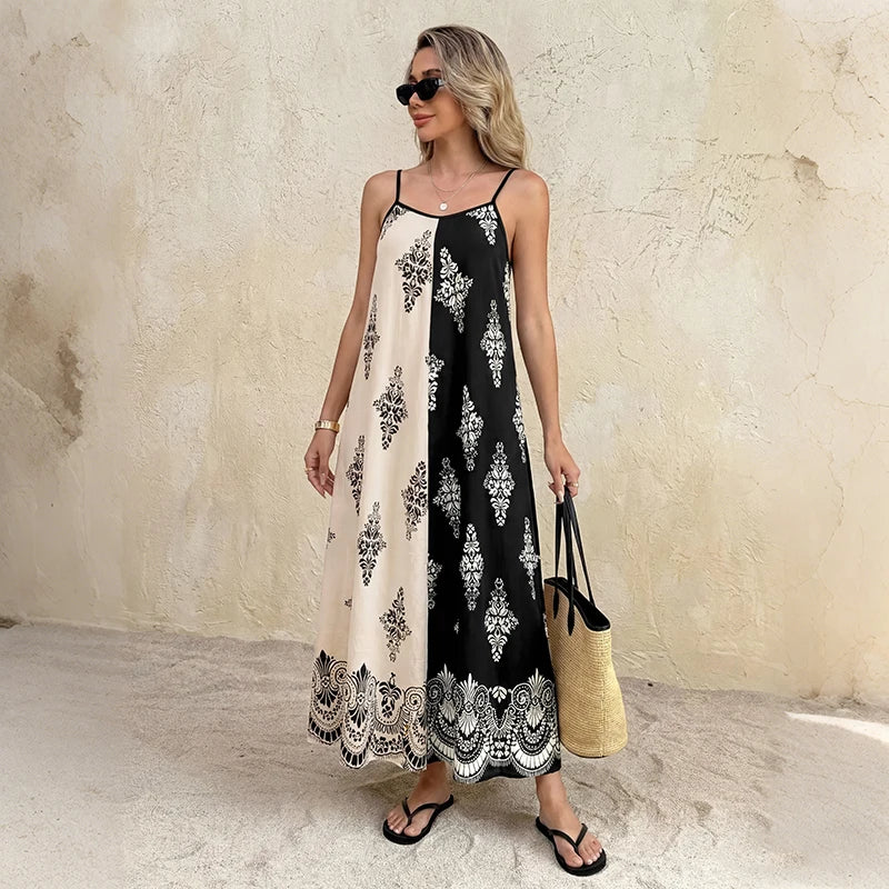 Women's Contrast Print Tank Maxi Dress