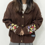 Women's Knitted Cardigan with Floral Embroidery – V Neck Long Sleeve Button Front Sweater