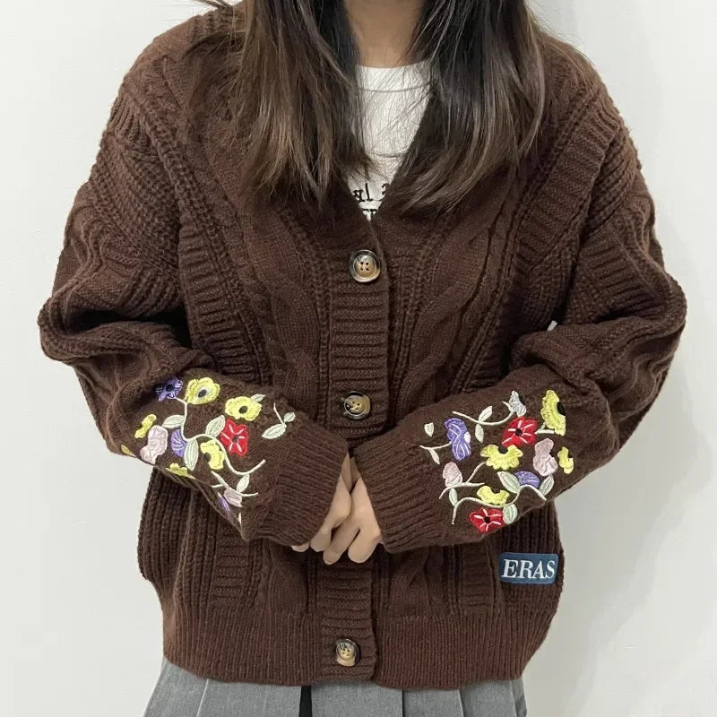 Women's Knitted Cardigan with Floral Embroidery – V Neck Long Sleeve Button Front Sweater