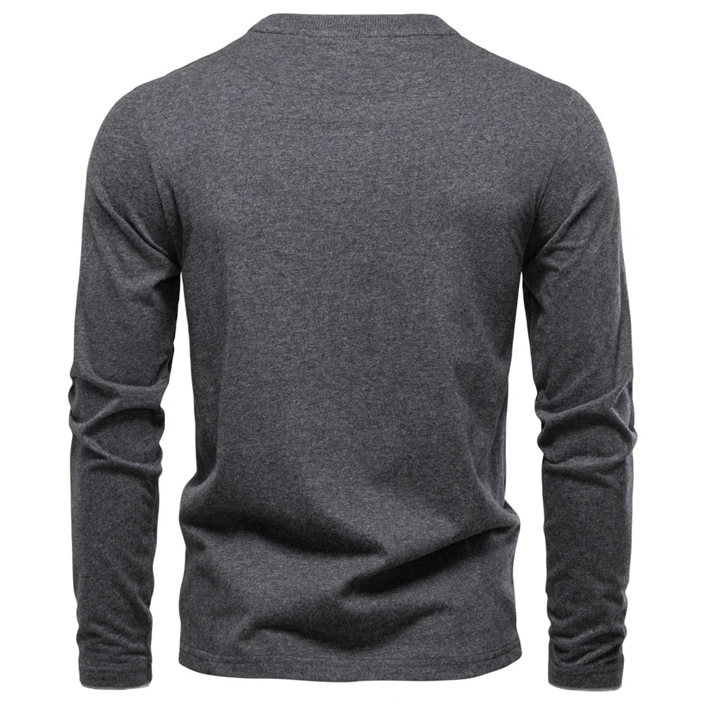 Men's Classic Long Sleeve V Neck Pullover Shirt with Buttons