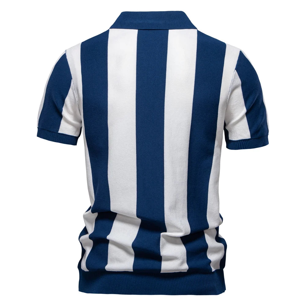 Men's Short Sleeve Striped Polo Shirt with Quarter Zip Collar