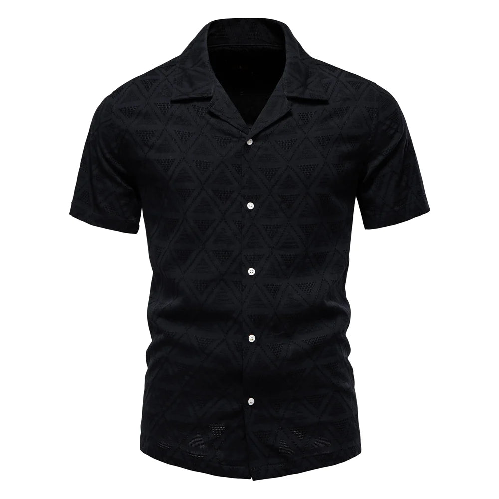 Men's Textured Button Front Camp Collar Shirt with Short Sleeves