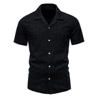Men's Textured Button Front Camp Collar Shirt with Short Sleeves