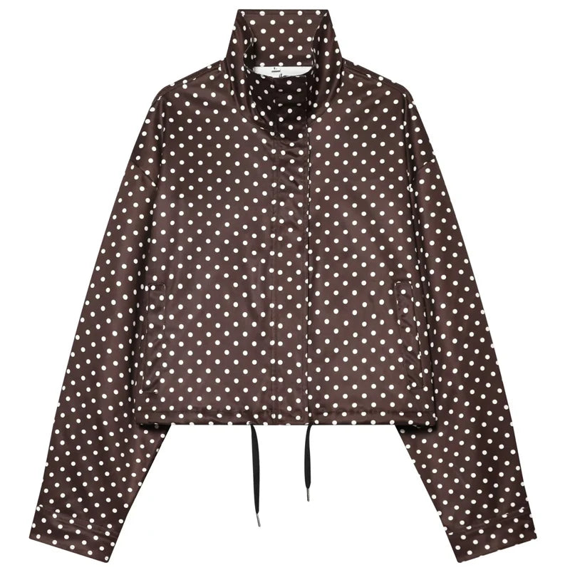 Women's Polka Dot Jacket – Cropped Hooded Zip Front Coat with Long Sleeves and Pockets