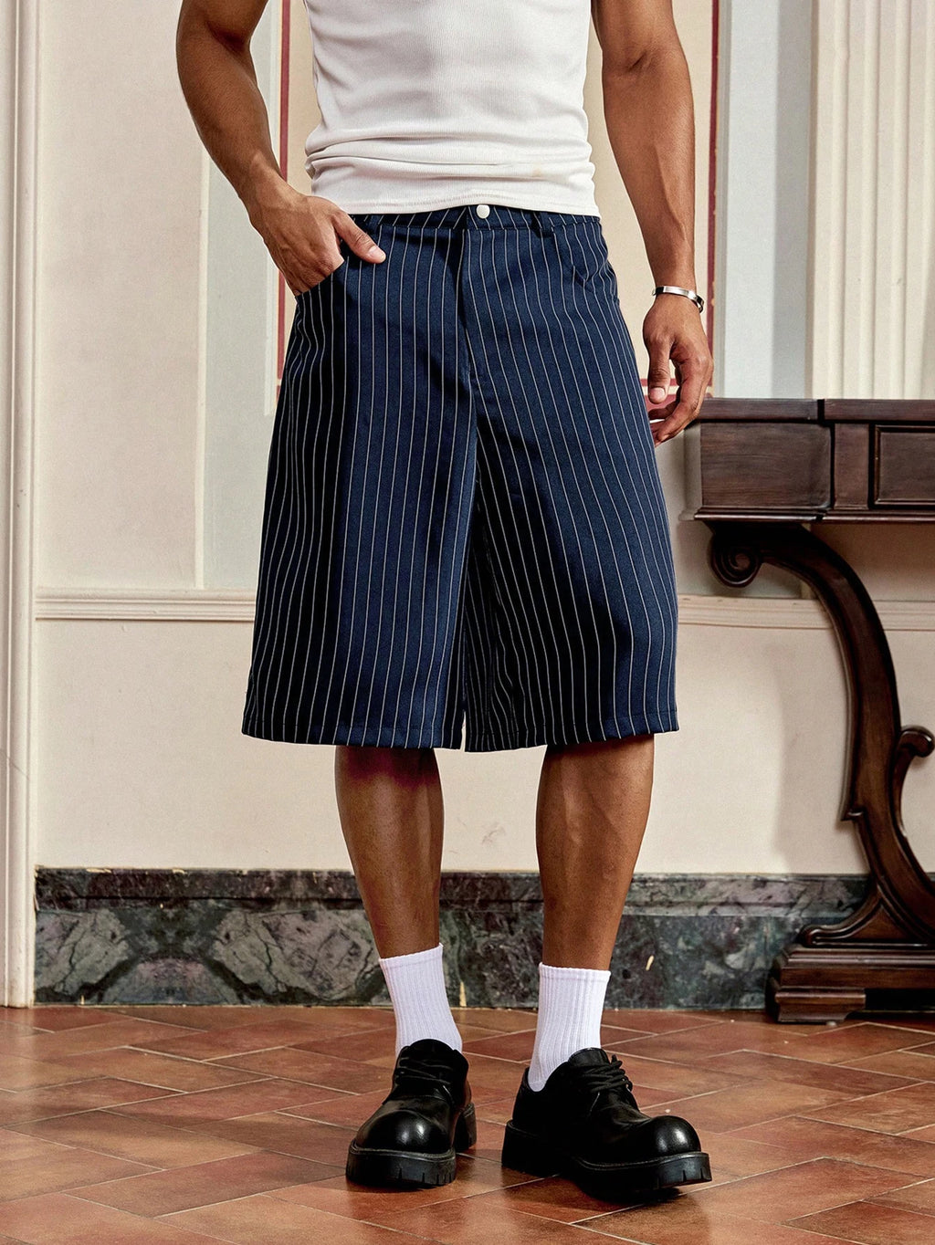 Men's Pinstripe Wide Leg Bermuda Shorts