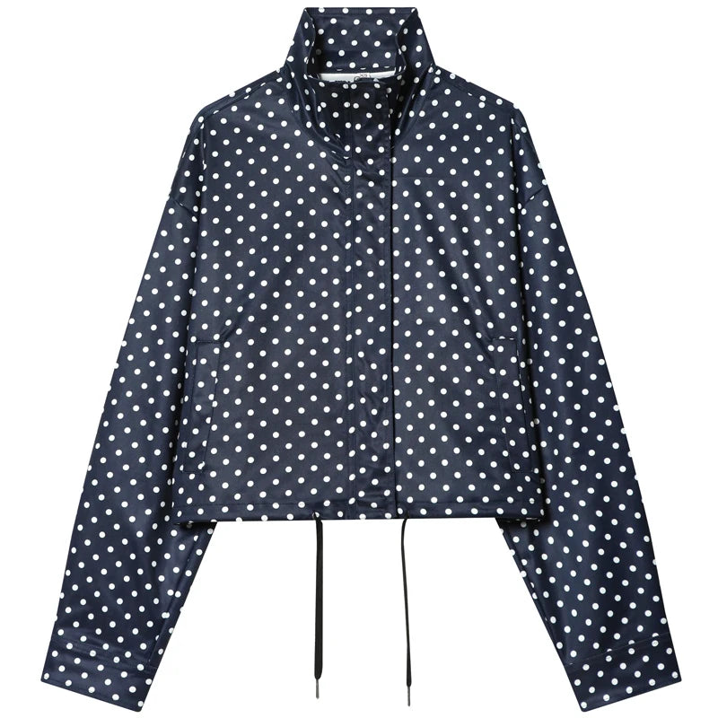Women's Polka Dot Jacket – Cropped Hooded Zip Front Coat with Long Sleeves and Pockets