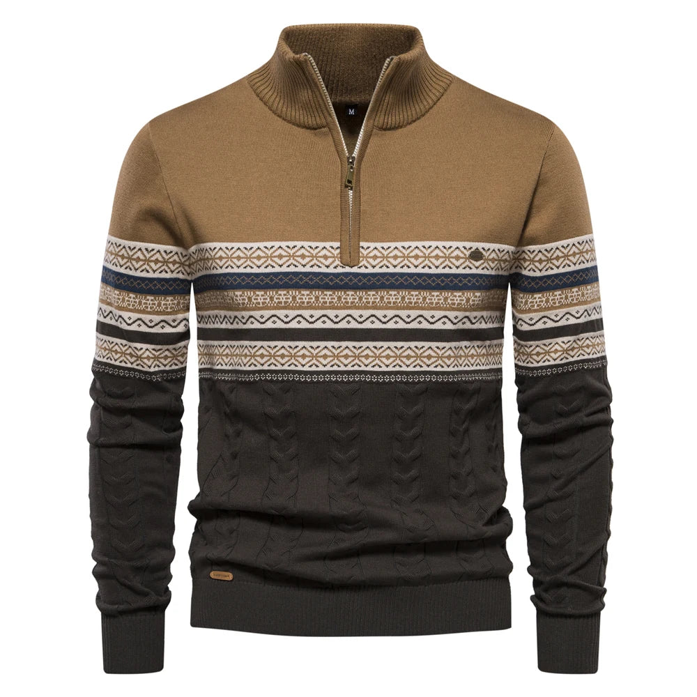 Men's Knitted Quarter Zip Jumper – Patterned Long Sleeve Sweater with Stand Collar