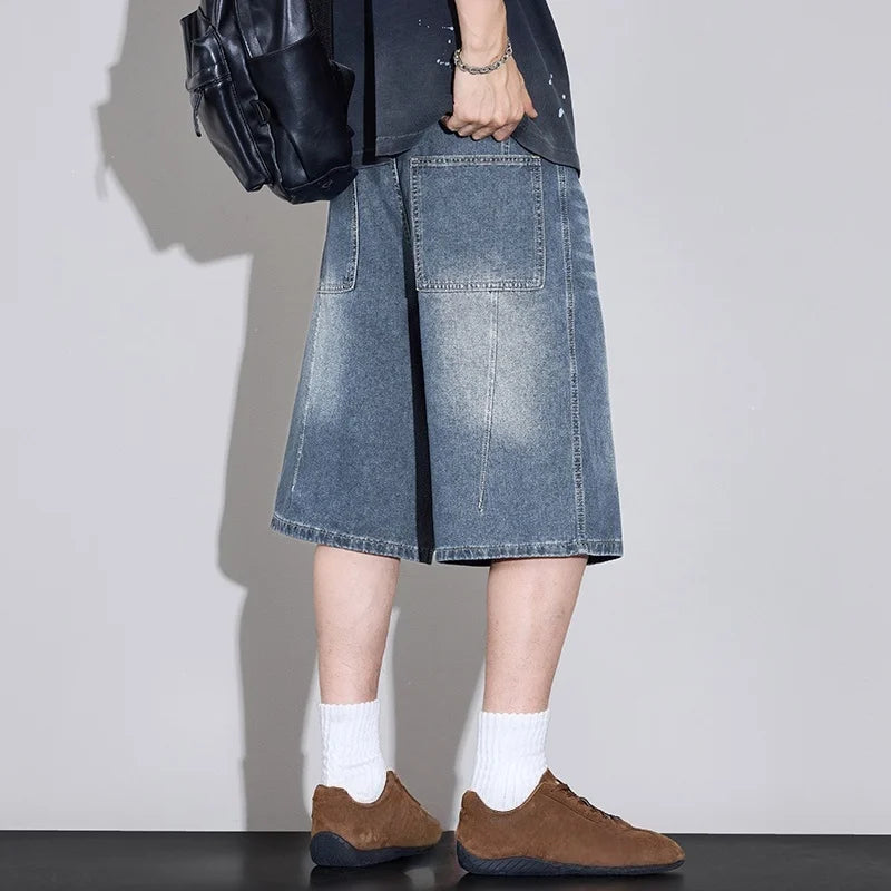 Men's Relaxed Wide Leg Denim Shorts with Washed Detail
