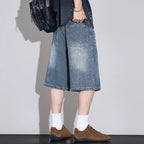 Men's Relaxed Wide Leg Denim Shorts with Washed Detail