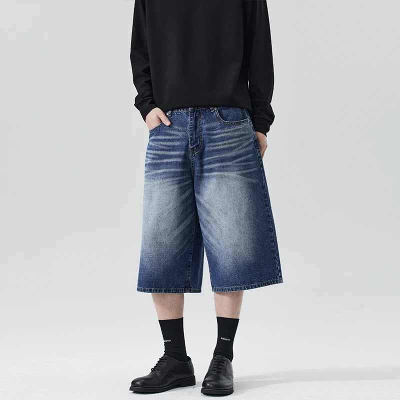 Men's Relaxed Wide Leg Denim Jorts with Button Closure
