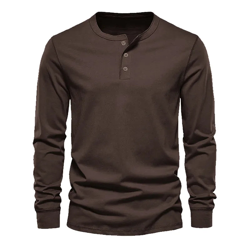 Men's Classic Long Sleeve Henley Tee with Round Neck